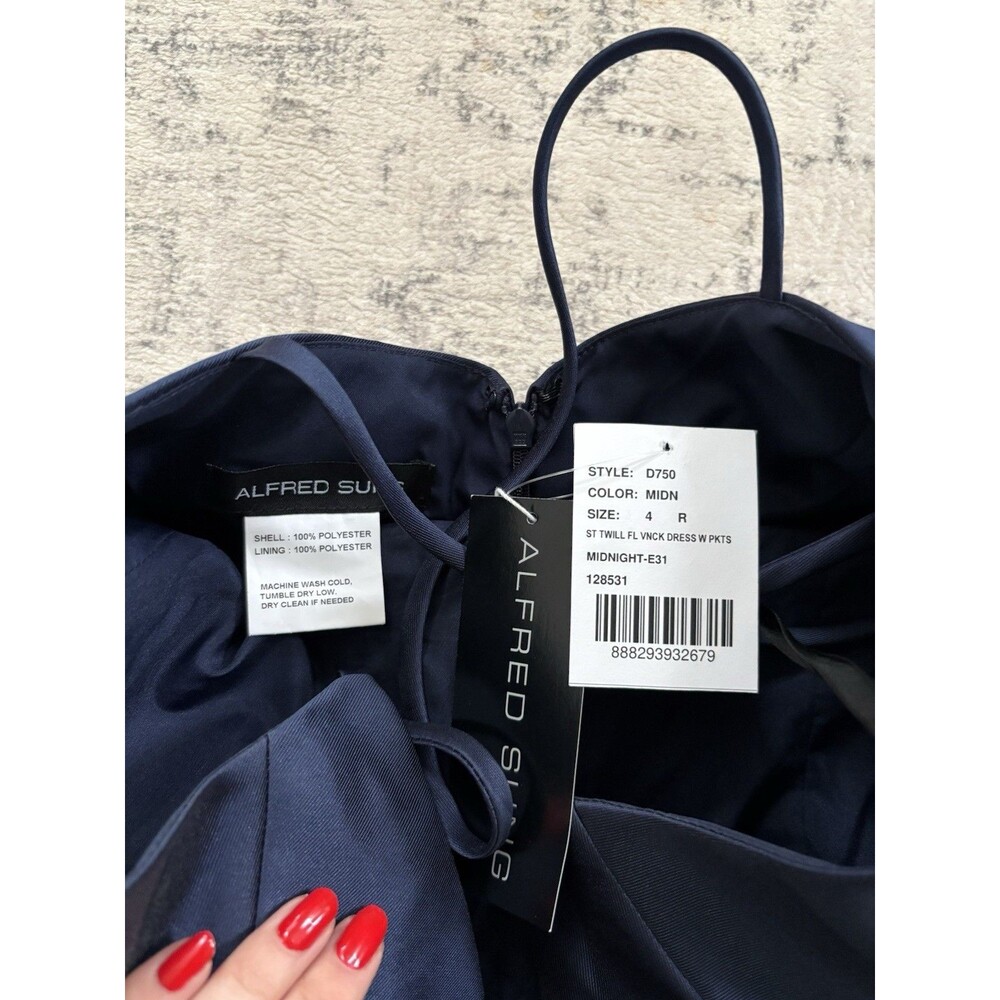 Alfred Sung V Neck Full Skirt Satin Maxi Dress Midnight Navy Size 4 D750 Formal - Picture 4 of 9